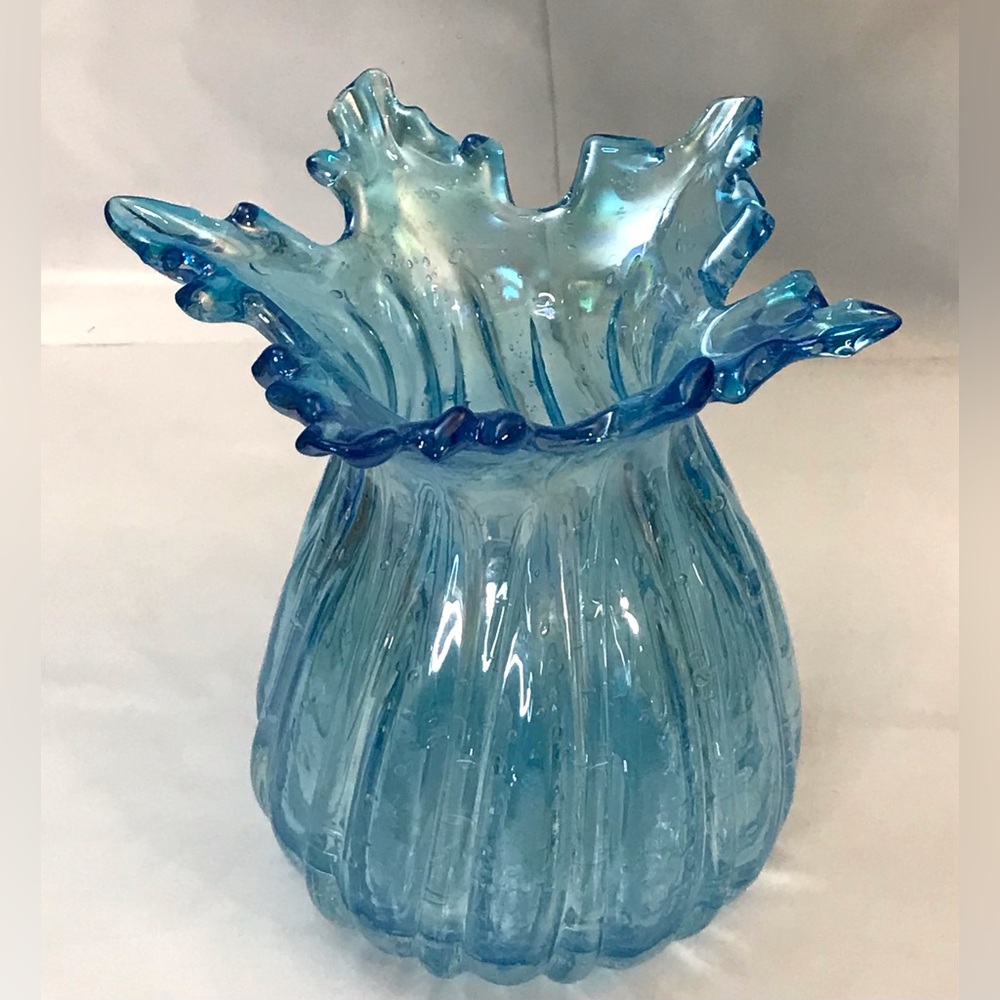 Rare Glass Aqua / Light Blue Ruffled Bubble Sides Snowflake Top Vase 6 Inches.